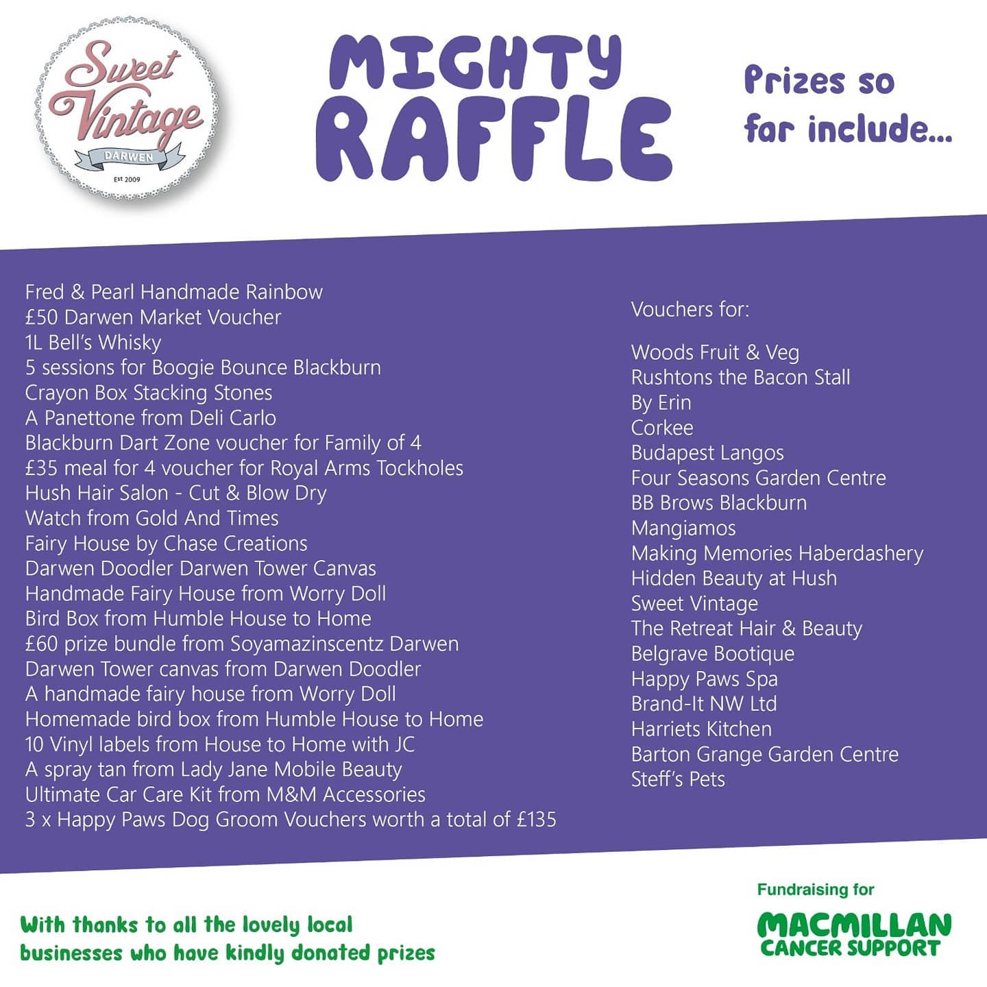 Darwen Businesses Donate to Mighty Raffle in Aid of Macmillan