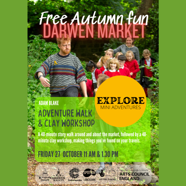 Free Autmn Fun: Adventure Walk Image of Adam Blake leading children on an adventure walk to promote a walk in Darwen.